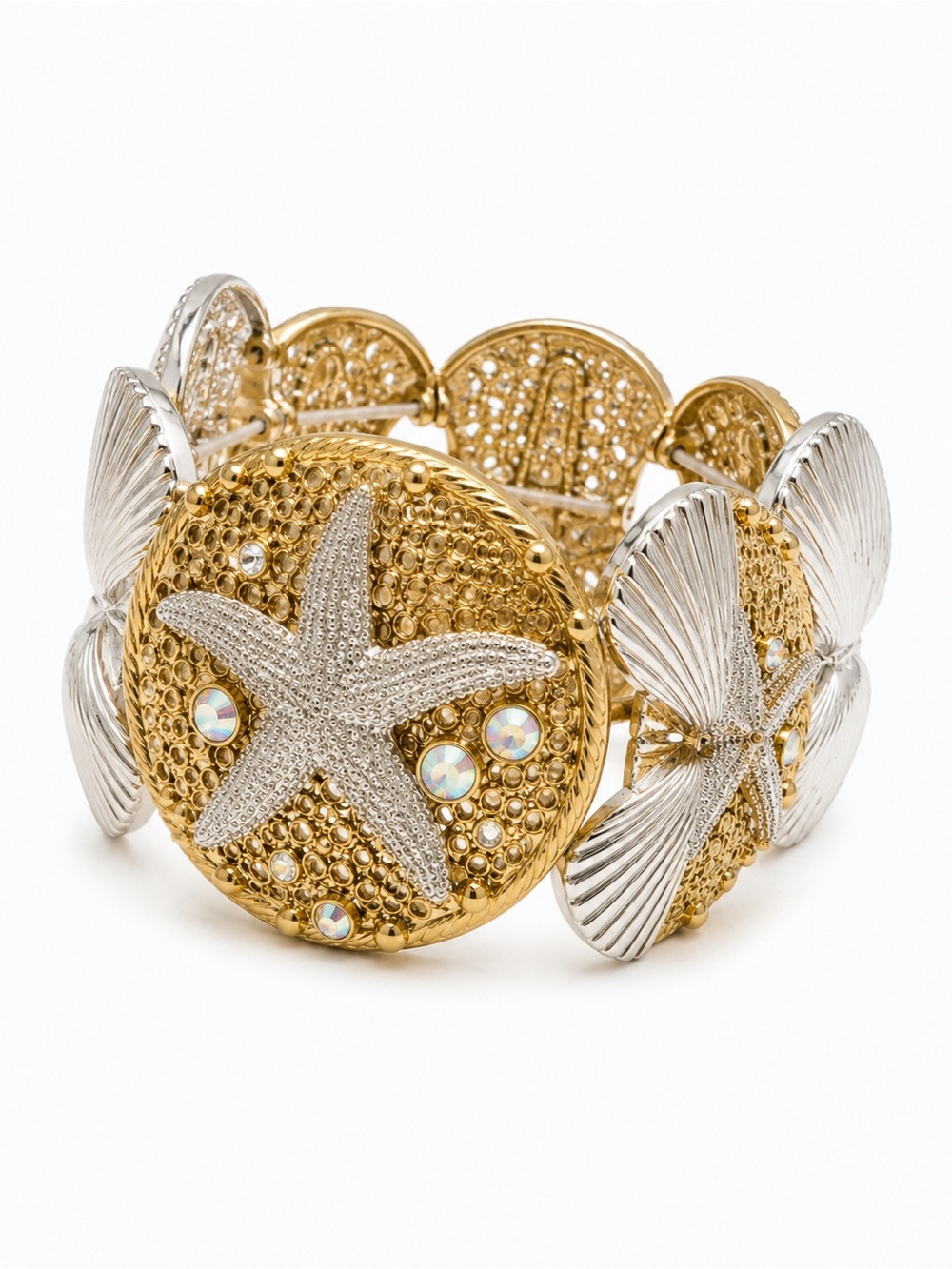 Coastal Starfish Shell Stretch Bracelet Gold Silver Rhinestone Beach NWT - Picture 2 of 6